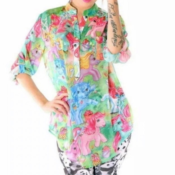 Iron Fist My Little Pony MLP Button up SHEER LONG SLEEVE BLOUSE Top colorful SM - Picture 1 of 9